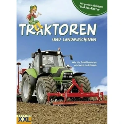 Abbildung von Traktoren und Landmaschinen mit großem farbigem Traktor Poster: Wie sie funktionieren was können