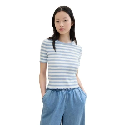 Abbildung von TOM Tailor Denim Gestreiftes Tshirt print, Damen, Größe: Large, Mid blue white stripe