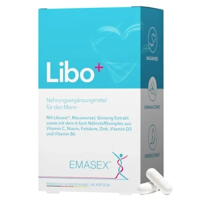 Abbildung von EMASEX® Libo+ Nahrungsergänzungsmittel für den Mann mit Liboost®, Macawurzel, Ginseng und einer 6 Fach Nährstoffkomplex aus Vitamin C, Folsäure, D3, B6, Niacin Zink Hochdosiert