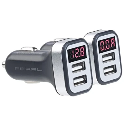 Abbildung von revolt Kfz Ladestecker: 2er Set USB Ladegerät mit Spannungswarner, LED Display, je 2X (Kfz Spannungsanzeige, Lader, Auto Zigarettenanzünder Doppelstecker)