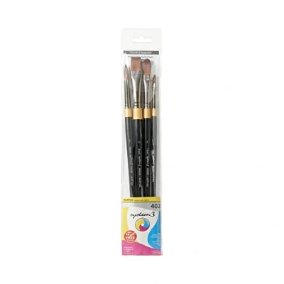 Abbildung von Daler Rowney System3 Acryl Pinsel Set, steife Kunsthaar, langer Griff, 4 verschiedene Pinsel, ideal für professionelle Künstler