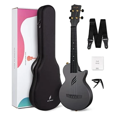 Abbildung von Enya Konzert Ukulele Nova U 23 Zoll Kohlefaser Anfänger Ukulelen Set mit Tasche Saiten Gurt Capo Wasserdicht (Schwarz)