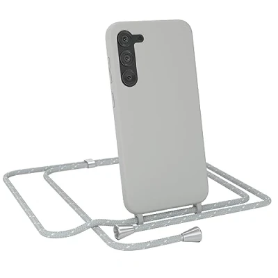 Abbildung von EAZY Case Silikon mit Kette kompatibel Samsung Galaxy S23 Plus Stoßfest Handyhülle Band, Stylische Abnehmbar Necklace als Set in Grau Riemen Hellgrau/Weiß Endstücke Silber