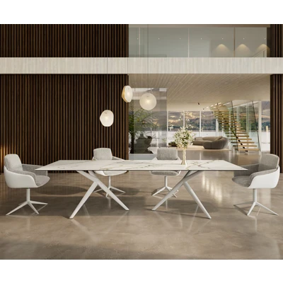 Abbildung von Esstisch Edge 300x100 Keramik Calacatta Luxe Weiß Gold Grau Estelar rund Metall