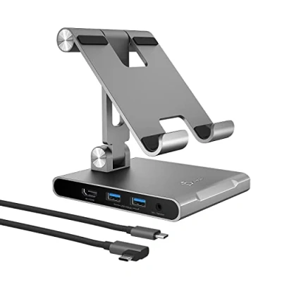 Abbildung von j5create Verstellbarer Tablet Ständer mit USB Typ C Docking Station für iPad Pro/Air/Mini : 4K60 HDMI, 2 x A 5Gbps, 100W PD Charging, microSD/SD Card Reader, 3.5mm Audio Jack (JTS224)