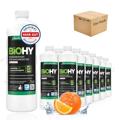Abbildung von BiOHY Bodenreiniger für alle Wischroboter mit Orangenduft (12 x 1 Liter) Schaumarm &amp; Streifenfrei Reinigungsmittel Konzentrat Böden
