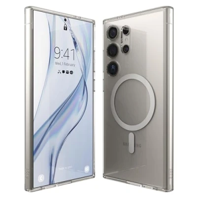 Abbildung von elago Magnetische Hybrid Transparent Hülle Kompatibel mit Samsung Galaxy S24 Ultra, MagSafe, PC + TPU Technologie, Präzise Kameraausschnitte (Transparent)