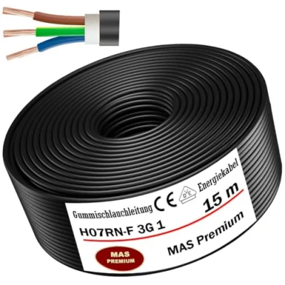 Abbildung von MAS Premium 5 100m Gummischlauchleitung Energiekabel Baustellenkabel H07RN F 3G 1, 1,5, 2,5, 4, 6, 10 oder 3x 1,5 Flexibel Leitung für schweren Geräten (H07RN 3G1 mm², 15m)