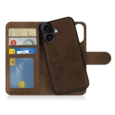 Abbildung von MyGadget Flip Case für iPhone 16 [ abnehmbare Magnet Hülle ] Handyhülle aus Kunstleder Klapphülle mit Kartenfach Schutzhülle in Braun
