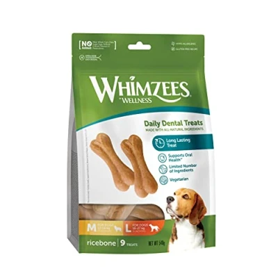 Abbildung von WHIMZEES by Wellness Reisknochen, Kauknochen für große Hunde, Hundesnack zur Zahnpflege, Größe M/L, 9 Stück, ohne Zuckerzusatz, glutenfrei, natürlich, fettarm