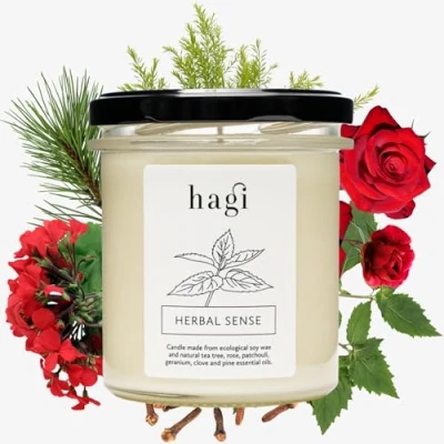 Abbildung von Hagi Herbal Sense Sojakerze Brenndauer ca. 75 h Duftkerze im Glas Ökologisches Sojawachs Kräuter Duft mit Teebaumöl, Rosenöl, Patchouliöl