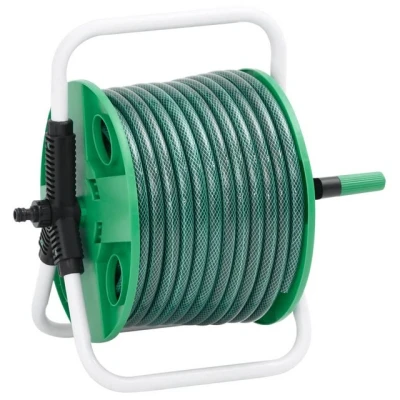 Abbildung von vidaXL Schlauchtrommel, Schlauchaufroller Freistehend mit 50m Schlauch, Gartenschlauch Anschluss Set, Wasserschlauchtrommel, Grün PVC