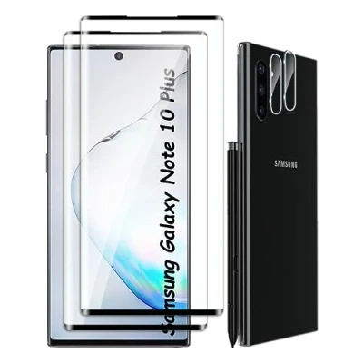Abbildung von Fyqzio [2+2 Stück Gehärtetes Glas Schutzfolie kompatibel mit Samsung Galaxy Note 10 Plus und Kamera,Keine Blasen,9H Härte,Anti Scratch,3D Curved,HD Displayschutz für