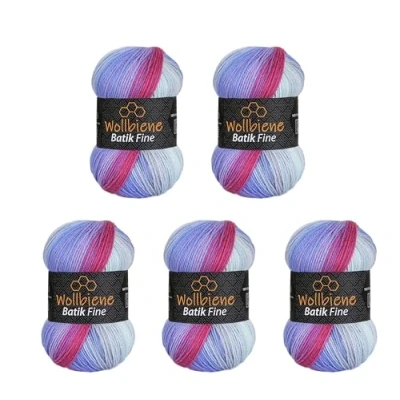 Abbildung von 5 x 100g Wollbiene Batik Fine 500 Gramm Wolle mit Farbverlauf mehrfarbig Multicolor Strickwolle Häkelwolle (2000 beere lila)