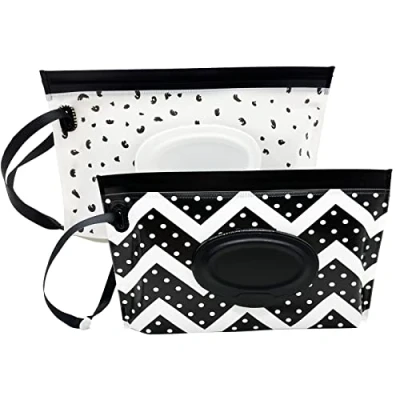 Abbildung von ULVBABI 2 Stück tragbarer Feuchttücher Beutelspender, wiederverwendbare Baby Windelentsorgungsbeutel, nachfüllbar, persönlicher Reise Clutch Spenderhalter (Wellen und Federmuster)