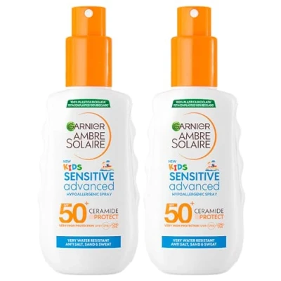 Abbildung von Garnier Ambre Solaire Kids Sensitive Advanced SPF 50+ Spray sehr hoher Schutz für Kinder, hypoallergen und wasserfest, mit Ceramiden, zur Wiederherstellung der Hautbarriere 2 Flaschen à 150 ml