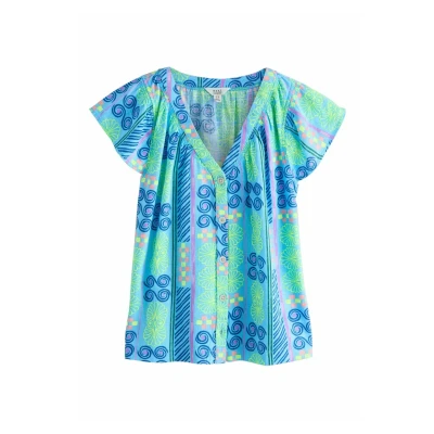 Abbildung von Next Regular FIT Ruffle Sleeve Bluse, Damen, Größe: 50, Blue abstract print
