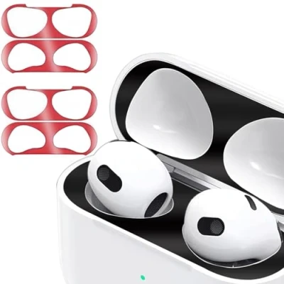Abbildung von Staubschutz Sticker kompatibel mit AirPods 4（2024） Hülle, 2 Sätze Metallstaub Schutz Aufkleber, Ultraschlanke Folie, Überzug Staub schützen Drahtloser Ladekoffer (red+red )