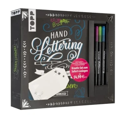 Abbildung von Kreativ Set Handlettering: Buch mit Anleitungen und Inspirationen sowie 3 Brush Pens, Kalligraphiestift 6 Geschenkanhängern (Buch plus Material)