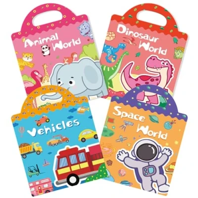 Abbildung von GUYUCOM Sticker Set 4 Stück Wiederverwendbares Stickerbuch für Mädchen ab 2 Jahre, 3D Aufkleber Themen Enthält Dinosaurier, Tiere, Fahrzeuge und Raum, Kinder Geschenk Spielzeug 3 5 6 jahre