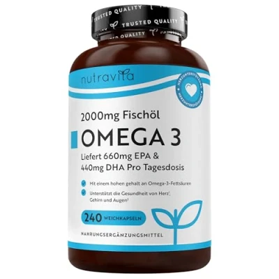 Abbildung von Omega 3 Kapseln hochdosiert 240 2000mg Fischöl mit 660mg EPA &amp; 440mg DHA pro Portion Öl, Reines aus nachhaltiger Fischerei Geprüft/Zertifiziert in Deutschland Nutravita