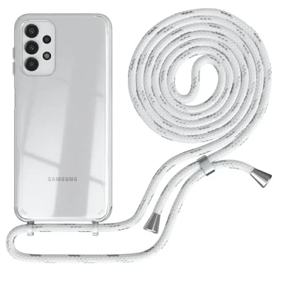 Abbildung von EAZY CASE Handykette kompatibel mit Samsung Galaxy A13 (4G / 5G) Handyhülle Umhängeband Handykordel Schutzhülle Silikonhülle Hülle Band Stylische Kette Weiß/Silber