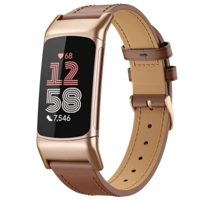 Abbildung von MoKo Leder Armband Kompatibel mit Fitbit Charge 6/Fitbit 5 für Damen Herren, Echtes Ersatzarmband Uhrenarmband Lederarmband, Braun