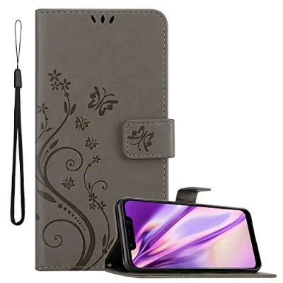 Abbildung von Cadorabo Hülle kompatibel mit Xiaomi Pocophone F1 Blumen Design aus Kunst Leder Flip Klappbare Stoßfeste Magnetische [Standfunktion] [Kartenfächern] Cover für Tasche in Grau