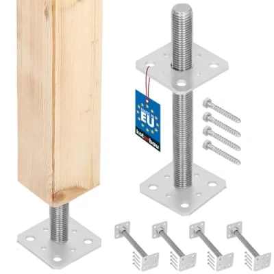 Abbildung von KOTARBAU® 4er Set Pfostenträger 80 mm x 250 Gewinde M24 Verzinkt Stützenfuß Höhenverstellbar Bodenfuß Betonfuß Zum Aufschrauben Regulierbar