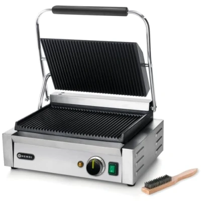 Abbildung von HENDI Kontaktgrill, Panini , sandwich &amp; Regelbar bis max. 300C, Oberseite (H)530mm, Grillfläche 340x230mm, 230V, 2200W, 430x379x(H)210mm, Edelstahl