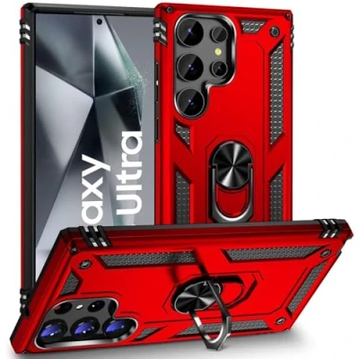 Abbildung von Verco Hybrid Armor Shield Case für Samsung Galaxy S24 Ultra Hülle, extrem robust mit Magnet Fingerring Halter Handyhülle 5G Panzerhülle, Rot