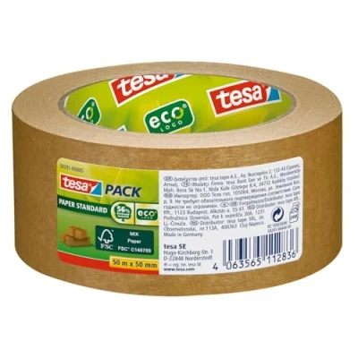 Abbildung von tesa Papier Standard Umweltschonendes Paketband aus Papier, 56% biobasiertes Material Effizient und recyclingfreundlich Braun 50 m x mm