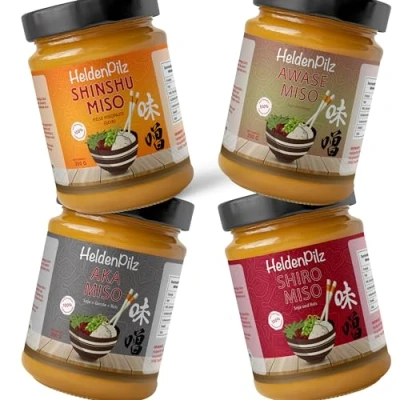 Abbildung von HeldenPilz® Miso Probierpaket 4 Sorten unpasteurisierte Misopaste AKA SHIRO SHINSHU AWASE 100% natürliche Zutaten Bio Nachhaltig Plastikfrei (Miso Probierpaket)