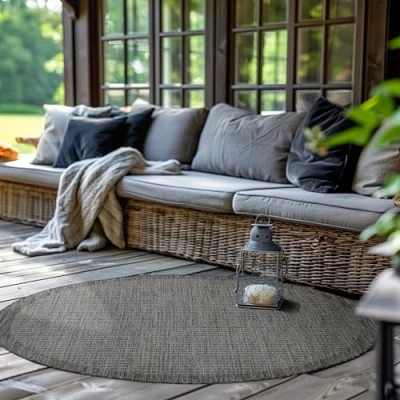 Abbildung von SIMPEX Outdoor Teppich Rund,Terrasse Balkon Garten Küchenteppich Einfarbiges Design Wetterfest Flachgewebe Sisal Look Waschbarer Teppich, Größe: 160 cm Rund, Farbe: Schwarz