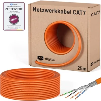 Abbildung von HB DIGITAL 25m CAT.7 Netzwerkkabel LAN Kabel Verlegekabel AWG 23 Reines Kupfer S/FTP PiMF LSZH Halogenfrei RoHS Compliant Ethernet Installationskabel Datenkabel PoE 10Gbit/s GHMT Zertifiziert Orange