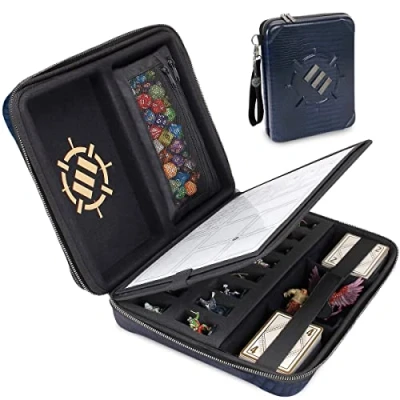 Abbildung von ENHANCE RPG Organizer Etui, Sammleredition DND Ordner mit integriertem Charakterbogenhalter, Würfelrollbereich, herausnehmbarer Stifttasche, Miniatur Schaumstoffablage (Drachen Blau)