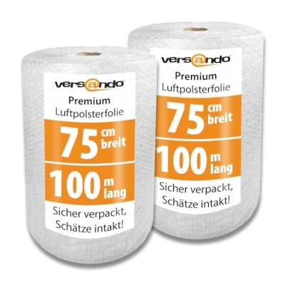 Abbildung von versando 2x Premium Luftpolsterfolie 100m x 0,75m Versand, Verpackung, Umzug Noppenfolie Bubble Wrap LPF Rolle