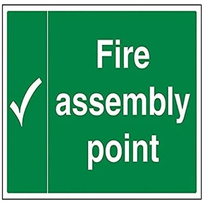 Abbildung von VSafety Schild mit englischer Aufschrift „Fire Assembly Point“ Häkchen, Querformat, selbstklebendes Vinyl, 1 mm starrer Kunsstoff, 400 x 300