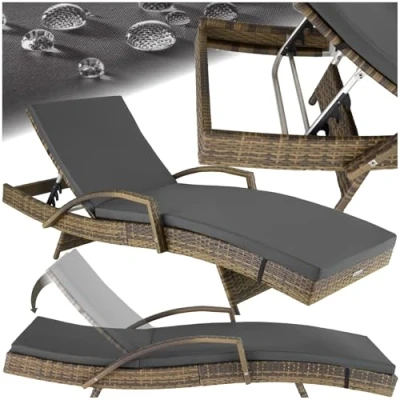Abbildung von tectake® Polyrattan Sonnenliege, Gartenliege mit 5 Fach Verstellbarer Rückenlehne, wetterfest, Outdoor Relaxliege weicher Polsterauflage, Rattanliege für Garten, Balkon und Terrasse Natur