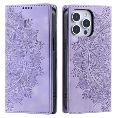 Abbildung von CoverKingz Handyhülle für iPhone 16 Pro Handytasche mit Kartenfach Klapp Etui Cover Handy Hülle klappbar Motiv Mandala Lila