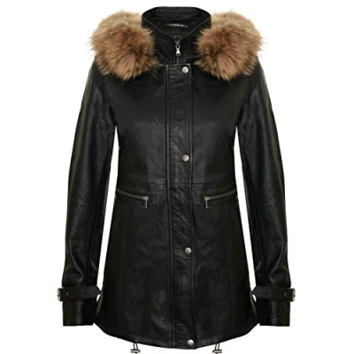 Abbildung von Infinity Leather Damen Schwarz Warme Lederjacke Abnehmbare Kapuze Parka Regenmantel 2XL