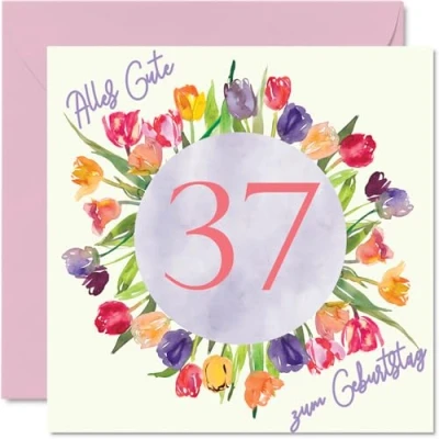 Abbildung von 37. Geburtstagskarte für Frauen Aquarell Tulpen Blumen Strauß Alles Gute zum Geburtstagskarten 37 Jährige Frau Tochter Schwester Tante, 145mm Siebenunddreißig Geburtstag Grußkarten