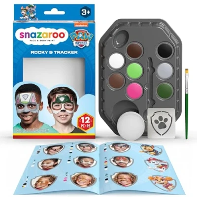 Abbildung von Snazaroo 1172203 Paw Patrol Schminkset Rocky &amp; Tracker 8 Gesichts und Körperfarben auf Wasserbasis mit Schwamm, Pinsel, Schablone, Anleitung