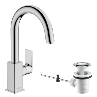 Abbildung von hansgrohe Waschtischarmatur &quot;Vernis Shape&quot;, mit Schwenkauslauf und Zugstangen Ablaufgarnitur, chrom
