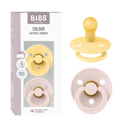 Abbildung von BIBS Colour Schnuller, 2er Pack, BPA frei, Schnuller Binky, runder Nippel, Naturkautschuklatex, hergestellt in Dänemark, Größe 1 (0 6 Monate), Pale Butter/Petal