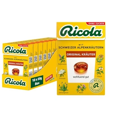Abbildung von Ricola Original Kräuter, 10 Böxli Schweizer Kräuter Bonbons mit 13 Alpenkräutern &amp; Menthol, zuckerfrei, Wohltuend gut, x 50g, vegan