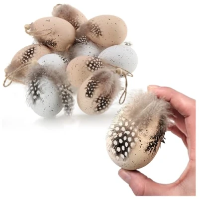 Abbildung von com four® 12x Ostereier zum Aufhängen mit Feder in Naturei Optik Aufhänger für den Osterstrauß aus Kunststoff Hängedeko Ostern