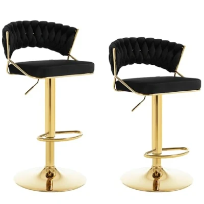 Abbildung von WOLTU Barhocker 2er Set höhenverstellbar, Barstühle 360 drehbar, Küchenhocker mit geflochtener Rückenlehne Fußstütze, Samthocker Metall, Schwarz, BH427sz 2