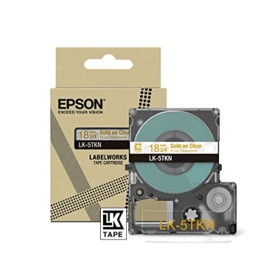 Abbildung von Epson Etikettenkassette, Metallicband LK 5TKN gold auf transparent, langlebiges Beschriftungsband für LabelWorks Etikettendrucker, wasser &amp; verschleißfest, 9 m x 18 mm
