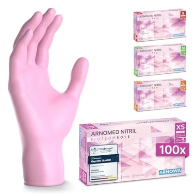 Abbildung von ARNOMED Einweghandschuhe Pink 100 Stück/Box, Einmalhandschuhe XS, Nitrilhandschuhe, Handschuhe Einweg puderfrei, latexfreie Gummihandschuhe, in S, M &amp; L verfügbar